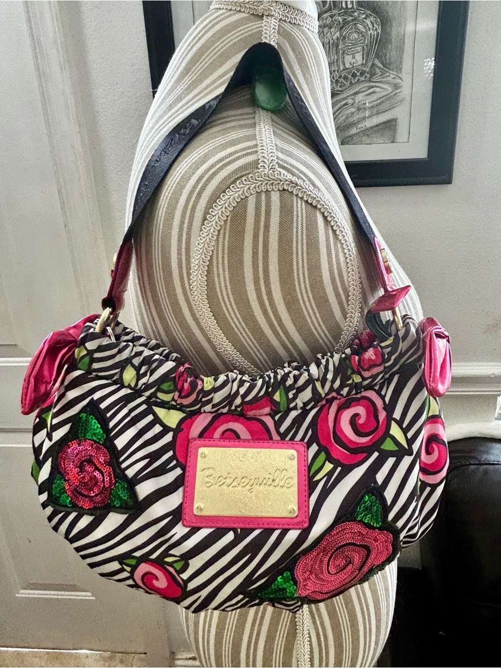 Betseyville by Betsey Johnson Pink Floral & Zebra Hobo Shoulder Bag